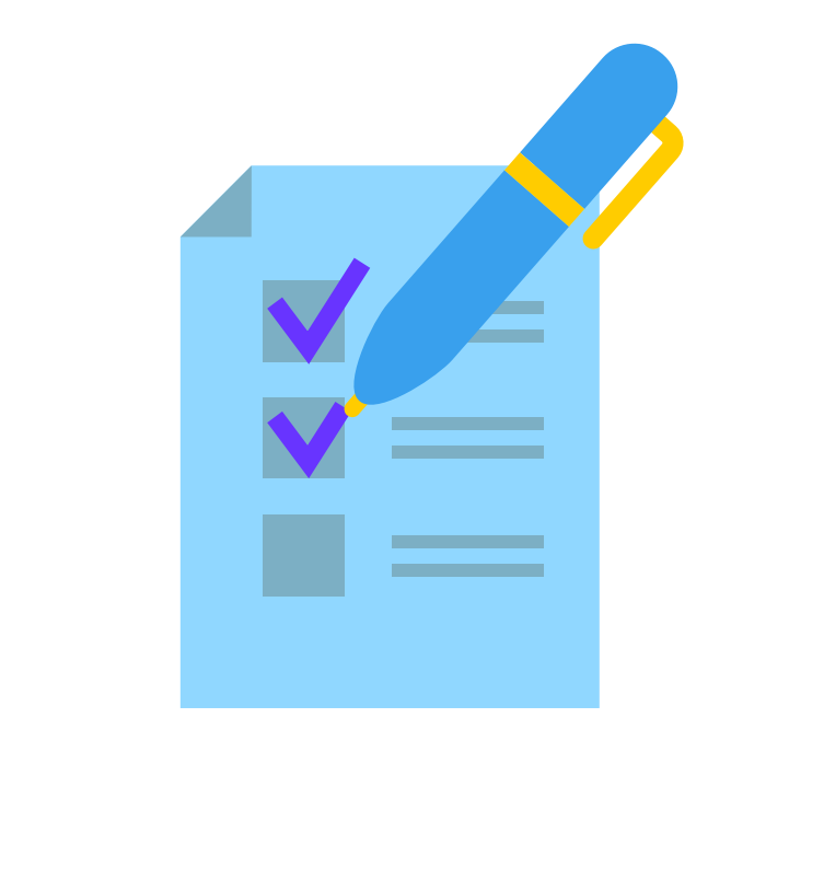 Hoogbegaafdheid testen & IQ test kind bij De Interactie. Op de afbeelding zie je een illustratie van een vragenlijst/checklist die wordt afgevinkt met een blauwe pen.